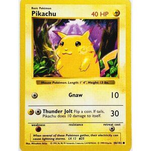 POKEMON PIKACHU 58/102 YELLOW CHEEKS, SHADOWLESS EDITION POKEMON BASE SET 1999